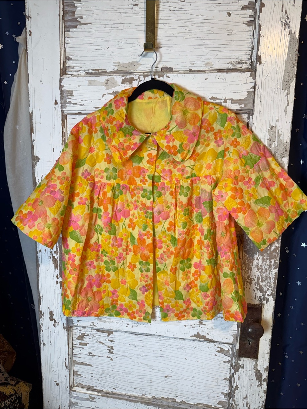 Vintage Yellow Floral Short Sleeve Pea Coat with Pink & Green Accents